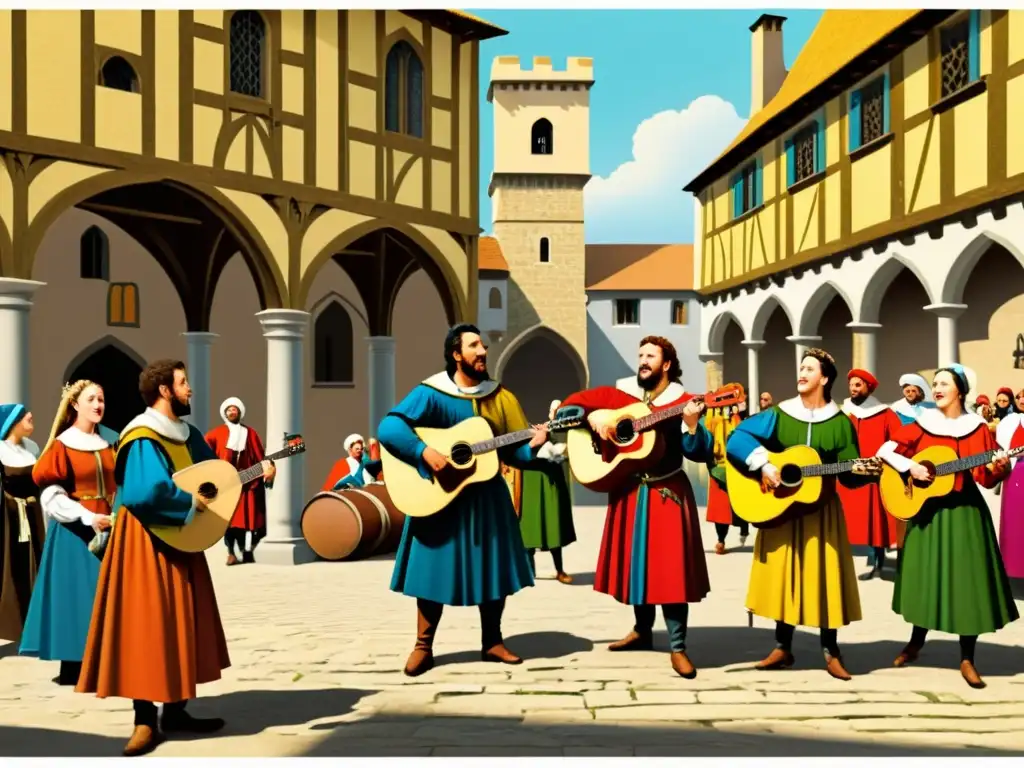 Un grupo de trovadores actúa en una plaza medieval, vistiendo trajes coloridos y tocando instrumentos, reflejando la evolución del alto alemán medio