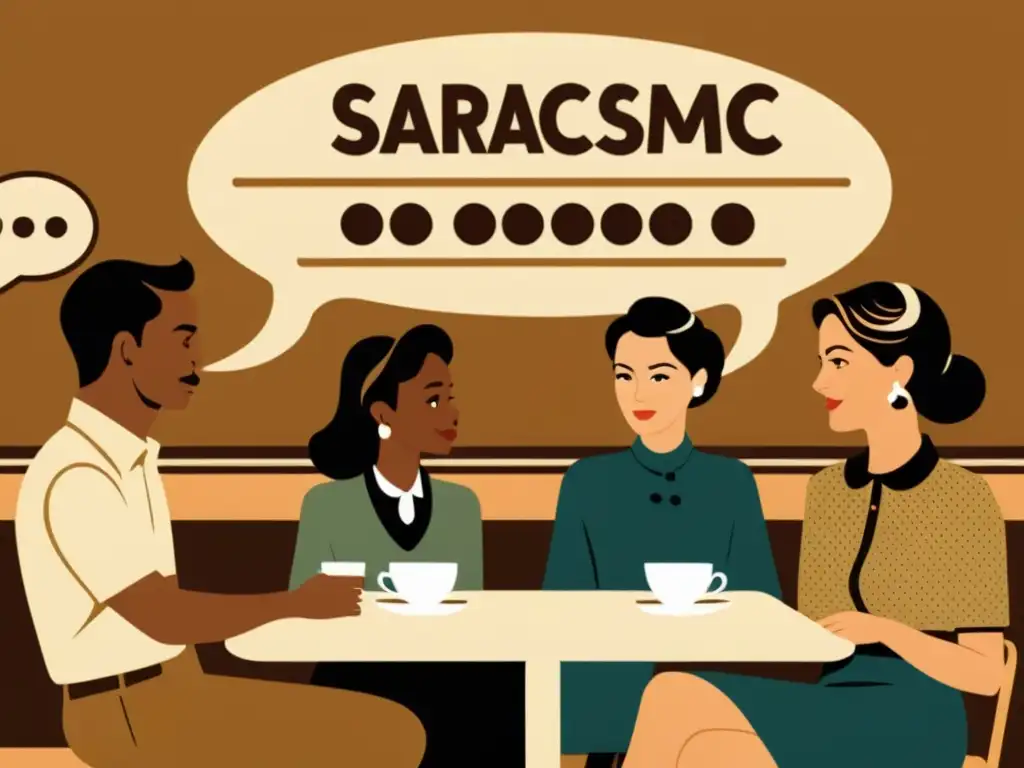 Ilustración vintage de café con expresiones sarcásticas en IA Grupo en café vintage con expresiones sarcásticas y literales, desafiando a captar sarcasmo y humor en NLP