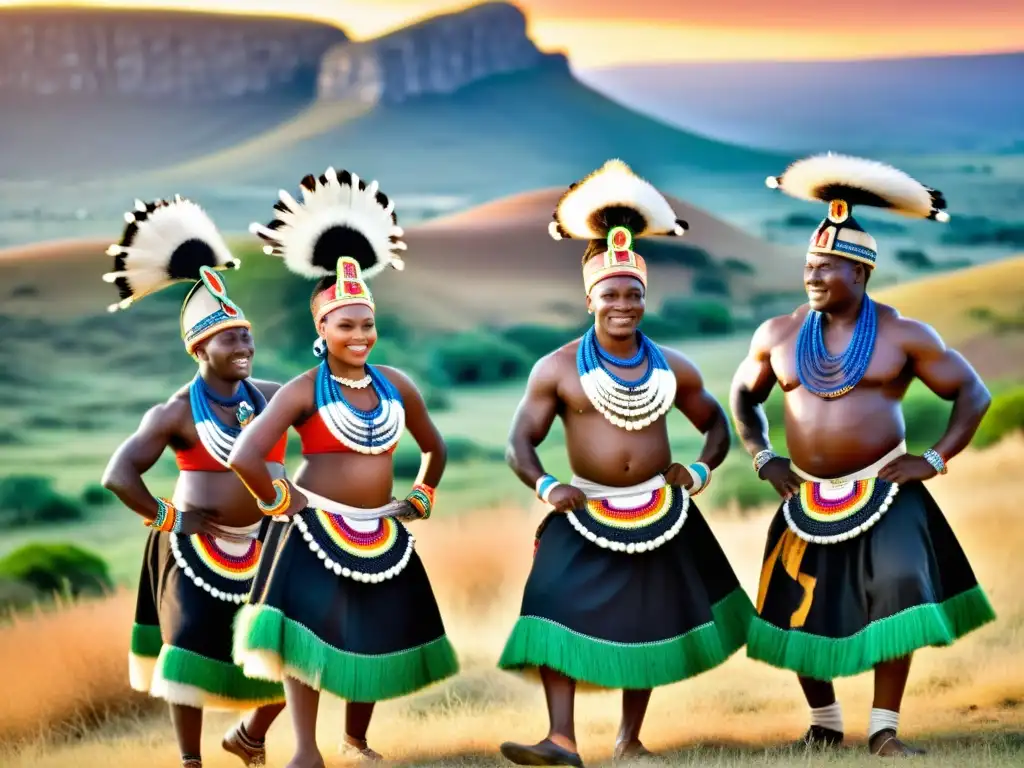 Un grupo de zulúes bailando y tocando música tradicional, con trajes coloridos y paisaje sudafricano al atardecer