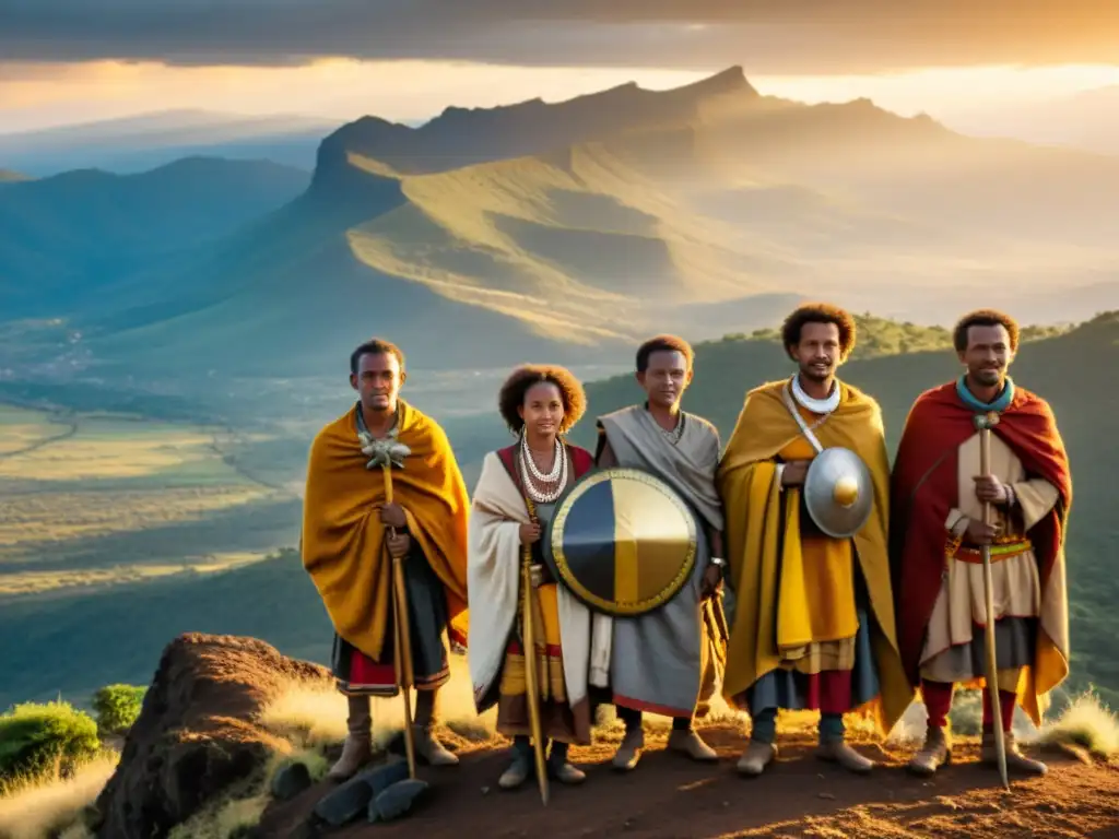 Guerreros Amhara en la cima de la montaña al atardecer, reflejando la importancia de los cantares épicos en la cultura Amhárica