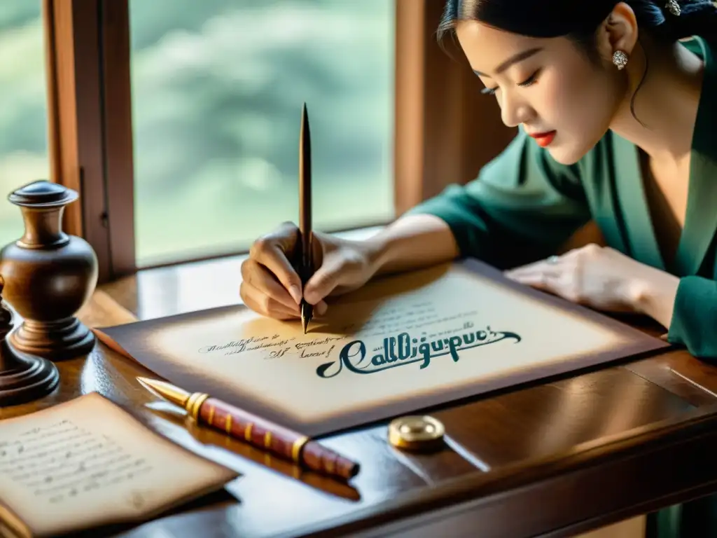 Un hábil calígrafo crea elegantes escrituras con pluma en un escritorio de madera