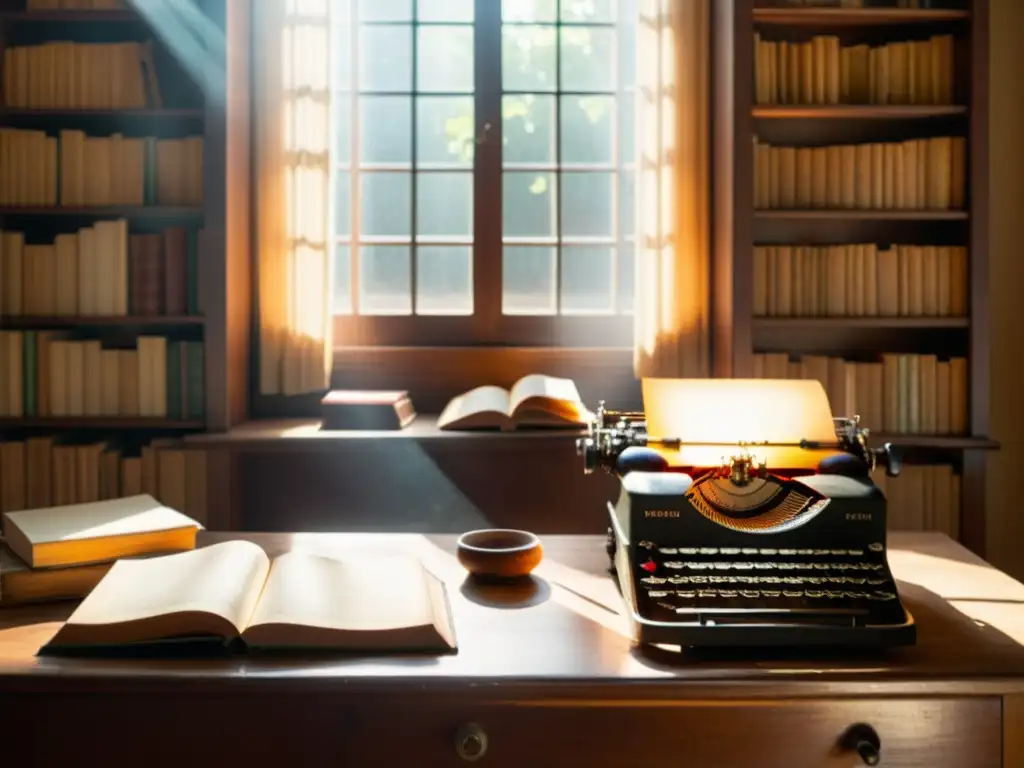 Una habitación vintage con estanterías repletas de viejos libros y una máquina de escribir en un escritorio de madera