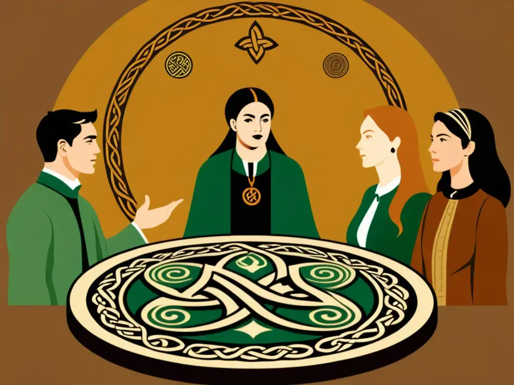 Ilustración vintage de un hablante de lenguas celtas con clíticos, rodeado de símbolos antiguos