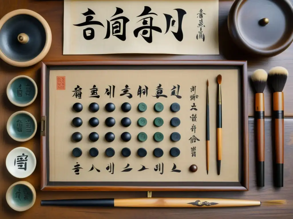 Una hermosa imagen en 8k de un antiguo set de caligrafía coreana, con pinceles tradicionales, piedras de tinta y caligrafía con caracteres Hangul