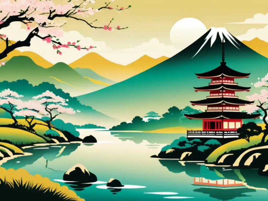 Una hermosa ilustración vintage de una pintura tradicional japonesa con árboles de cerezo en flor, un río serpenteante y una pagoda entre las colinas