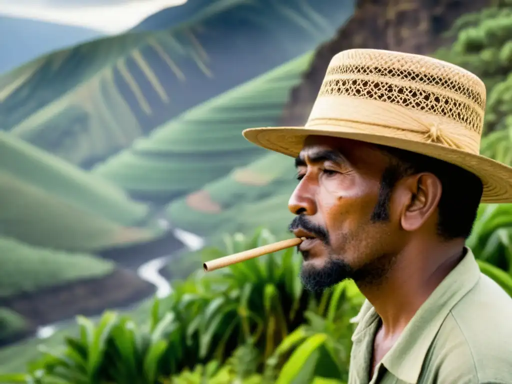 Whistle del Silbo Gomero: el arte ancestral resuena Un hombre sopla un silbato tallado en un paisaje montañoso, mientras la gente vestida con trajes tradicionales observa con orgullo