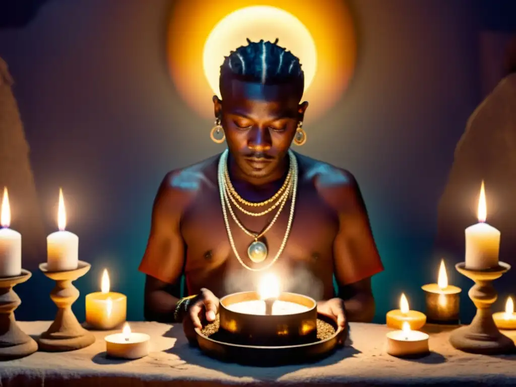 Un houngan vudú invoca espíritus en un ritual en Haití, rodeado de velas y símbolos místicos