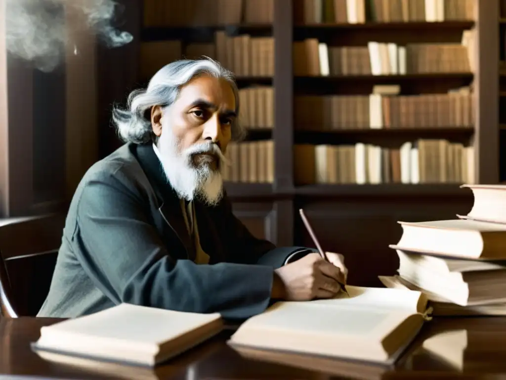 Rabindranath Tagore, el icónico escritor, se encuentra inmerso en sus pensamientos en su escritorio, rodeado de libros y papeles