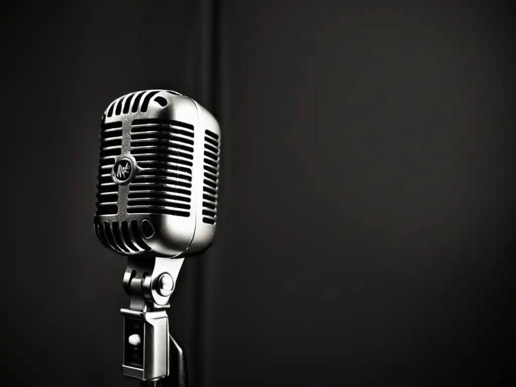 Aprender idiomas a través del karaoke: micrófono vintage con detalles florales, en tonos blanco y negro, en un ambiente oscuro y dramático
