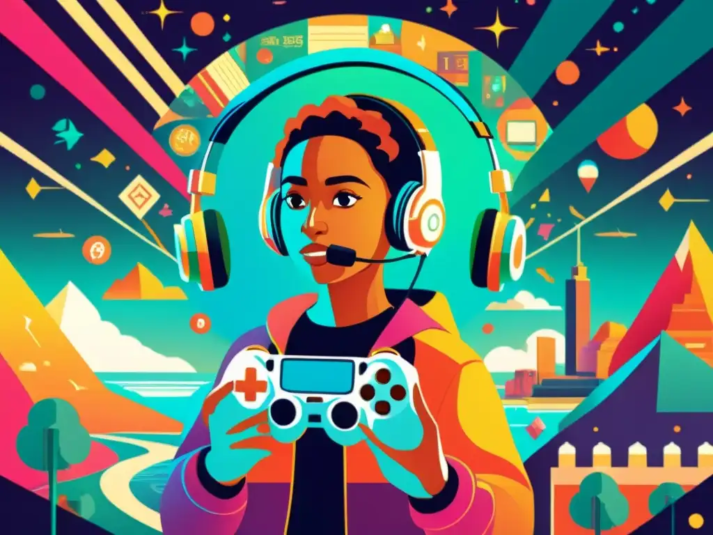 Aprende idiomas con videojuegos: Ilustración vintage de persona con auriculares y mando, rodeada de libros y mundos virtuales coloridos