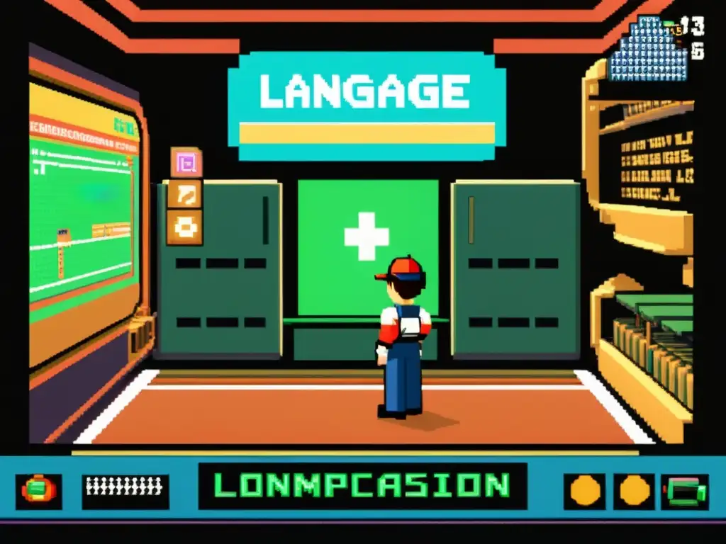 Aprende idiomas con videojuegos: Personaje retro explorando mundo virtual lleno de desafíos lingüísticos y herramientas educativas