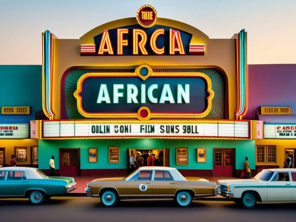 Marquesina iluminada de cine africano en la era dorada, con representación lingüística vibrante