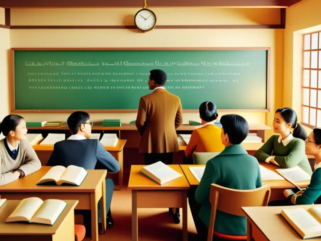 Una ilustración vintage de un aula de idiomas con estudiantes conversando en varios idiomas, rodeados de libros y materiales de aprendizaje de idiomas