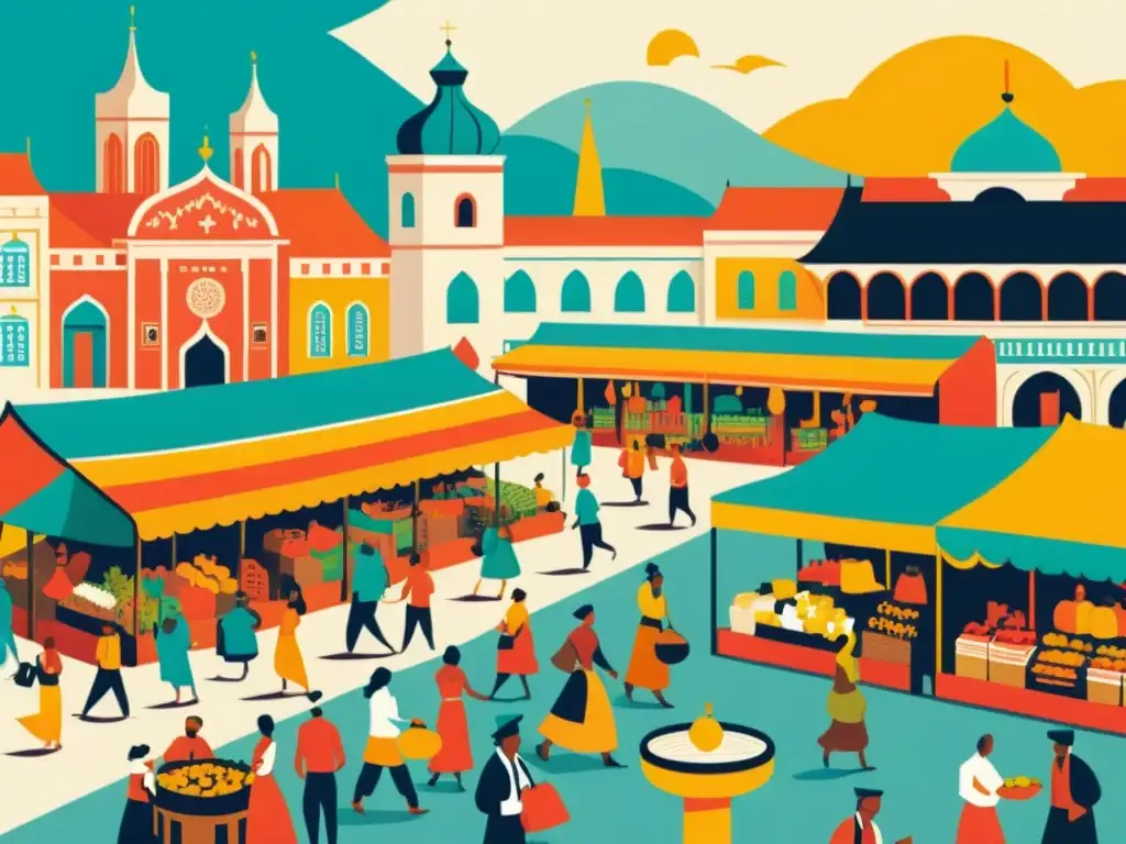 Una ilustración vintage de un bullicioso mercado en una ciudad histórica, destacando la diversidad cultural y los beneficios del multilingüismo cognitivos culturales