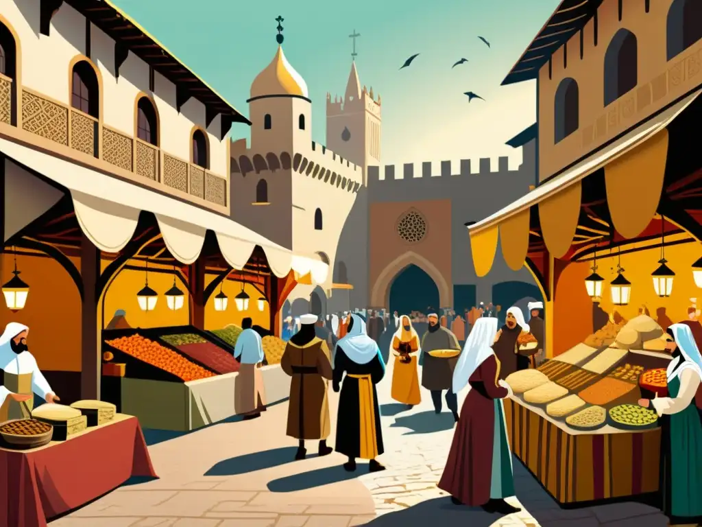 Mercado medieval: vibrante intercambio cultural Una ilustración vintage de un bullicioso mercado medieval, con arquitectura detallada, textiles vibrantes y personajes diversos, reflejando la influencia árabe en español