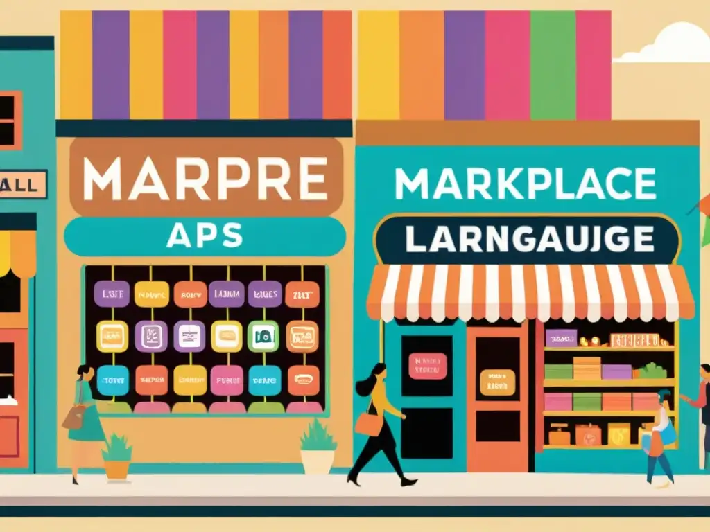 Una ilustración vintage de un bullicioso mercado con las mejores apps para aprender idiomas mostradas en coloridos letreros antiguos