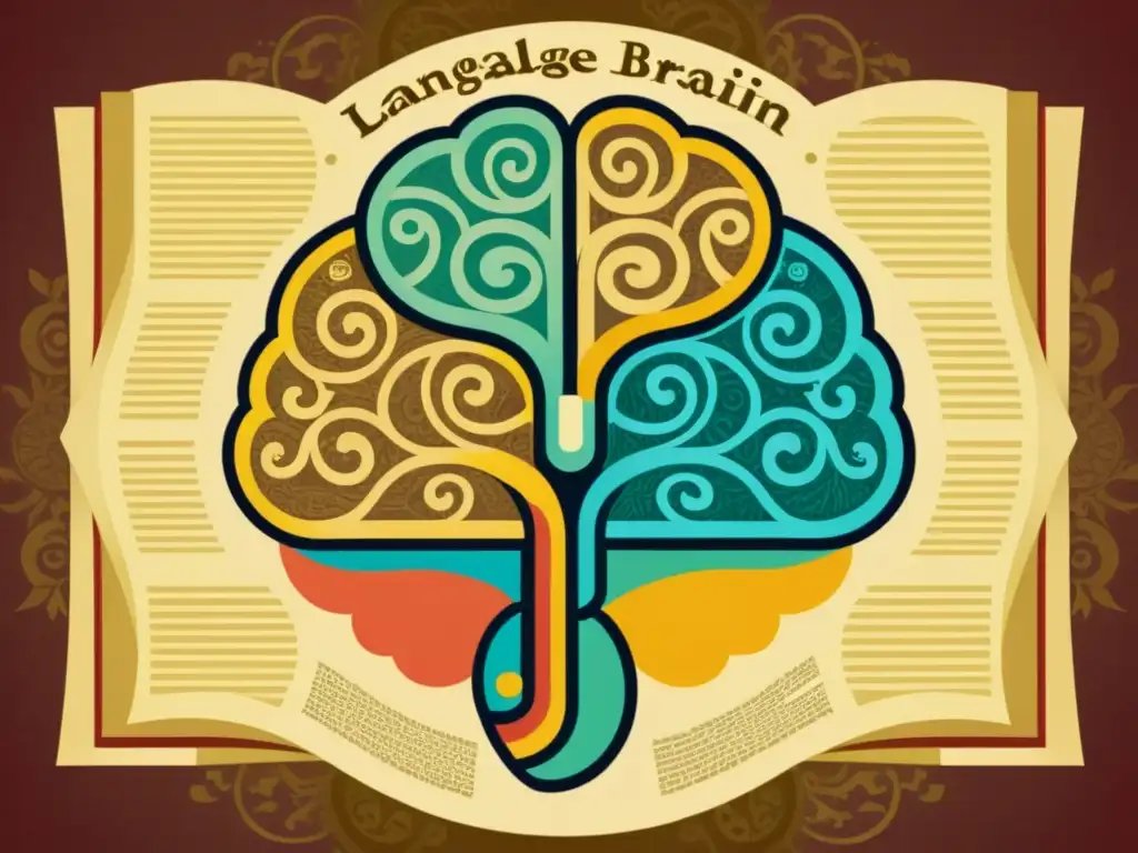 Una ilustración vintage de un cerebro humano con patrones intrincados y áreas relacionadas con el lenguaje resaltadas en diferentes colores