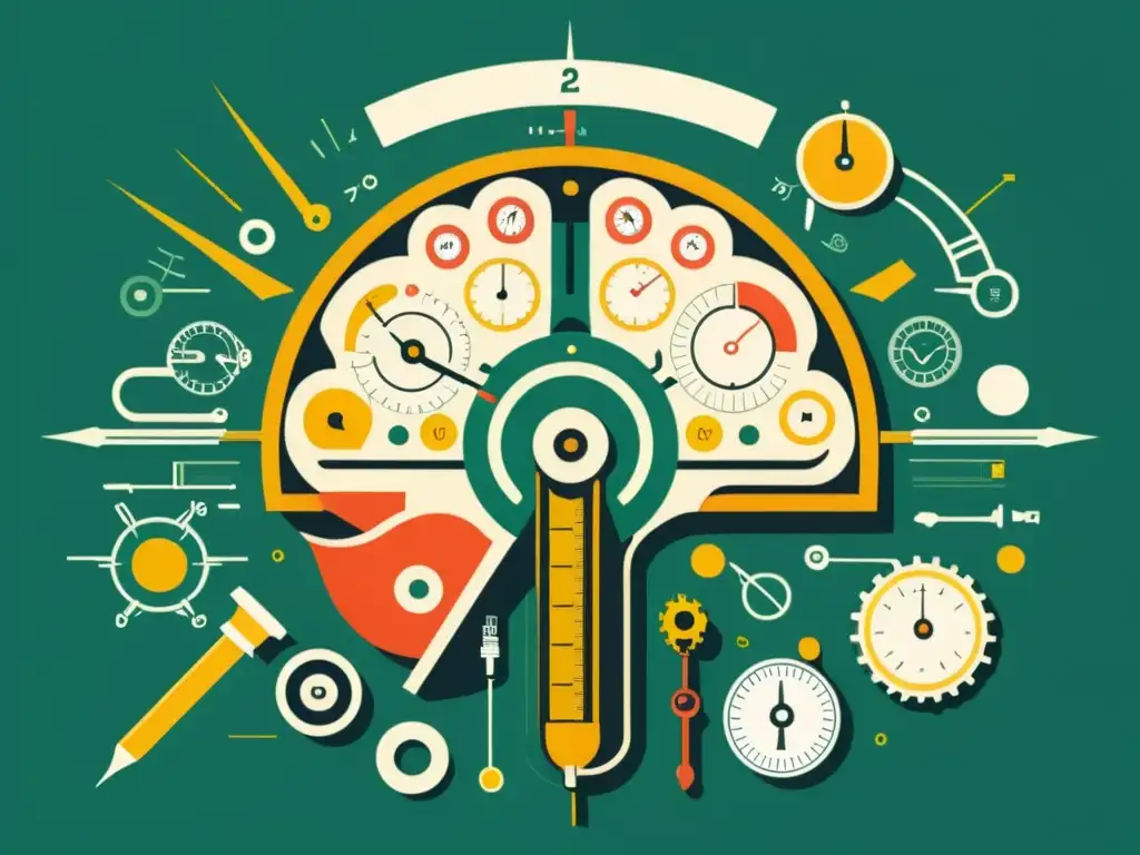 Una ilustración vintage de un cerebro mecánico rodeado de herramientas de medición, simbolizando la evaluación y métricas en NLP