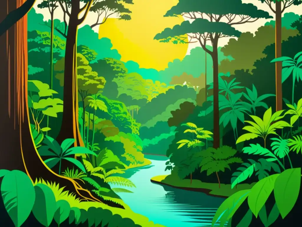 Una ilustración detallada de la exuberante selva amazónica con vida silvestre vibrante y un río serpenteante