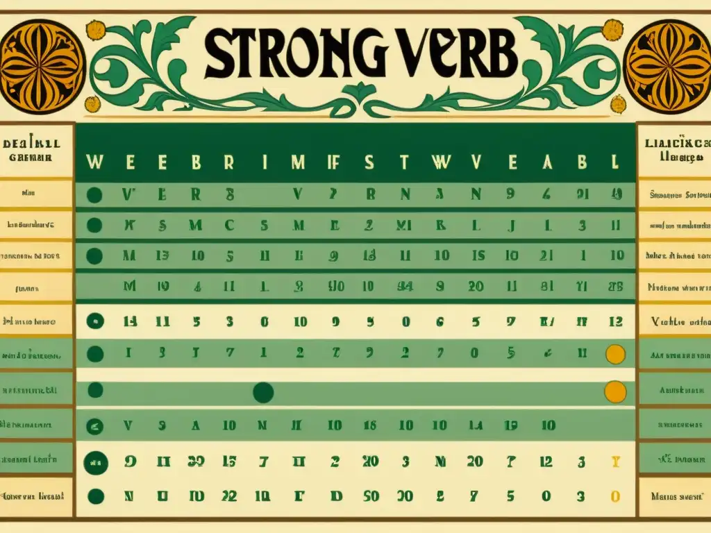 Una ilustración detallada de un gráfico de conjugación verbal en lenguas germánicas, mostrando patrones intrincados y excepciones en la conjugación