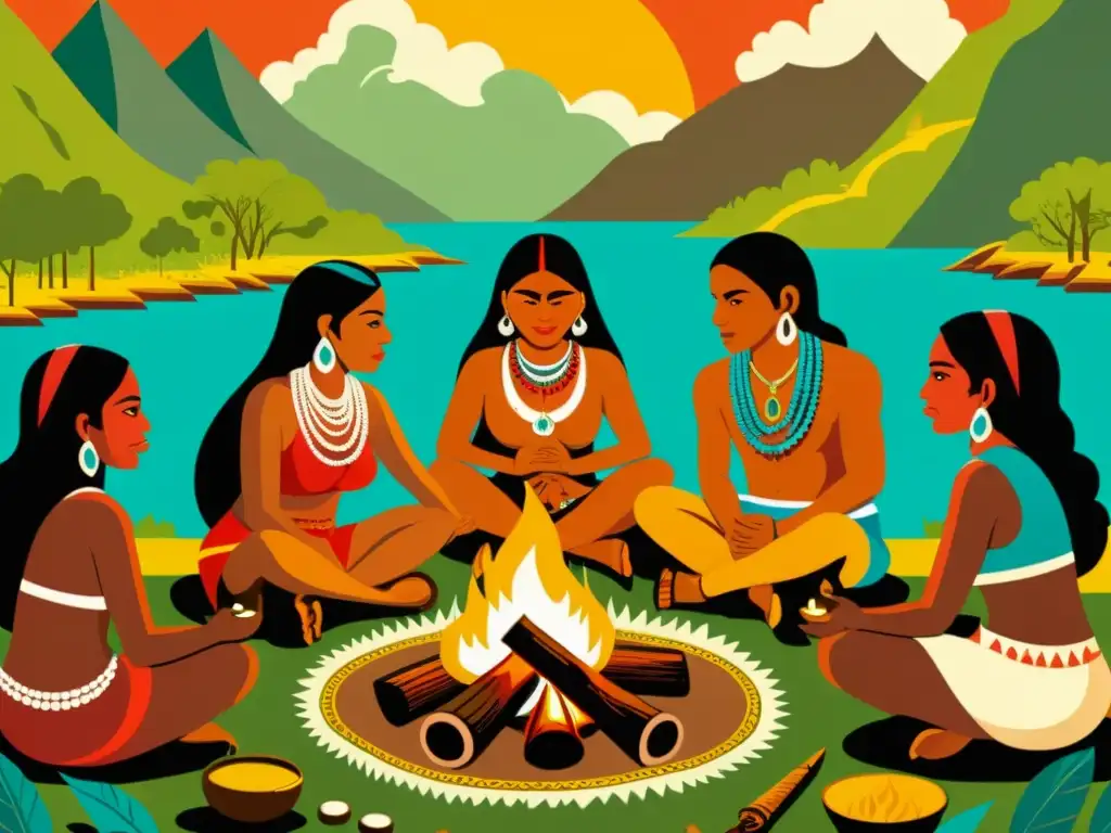 Diversidad cultural: Indígenas reunidos alrededor del fuego Una ilustración detallada de grupos indígenas sudamericanos reunidos alrededor de un fuego, hablando en sus lenguas