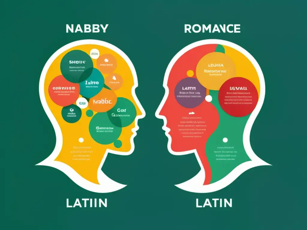 Una ilustración detallada compara la gramática del latín y las lenguas romances, resaltando similitudes y diferencias