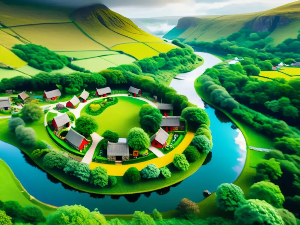 Una ilustración detallada de un vibrante pueblo celta en un paisaje exuberante, reflejando la rica historia y espíritu de las lenguas celtas extintas