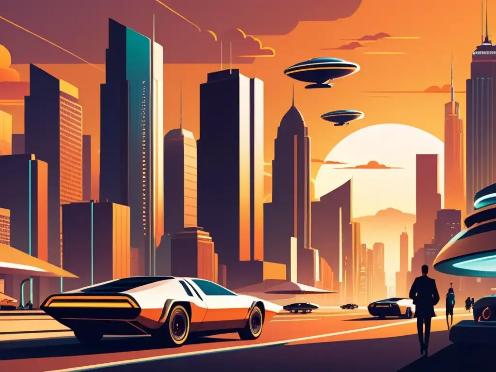 Una ilustración de estilo vintage de una ciudad futurista con rascacielos imponentes y autos voladores