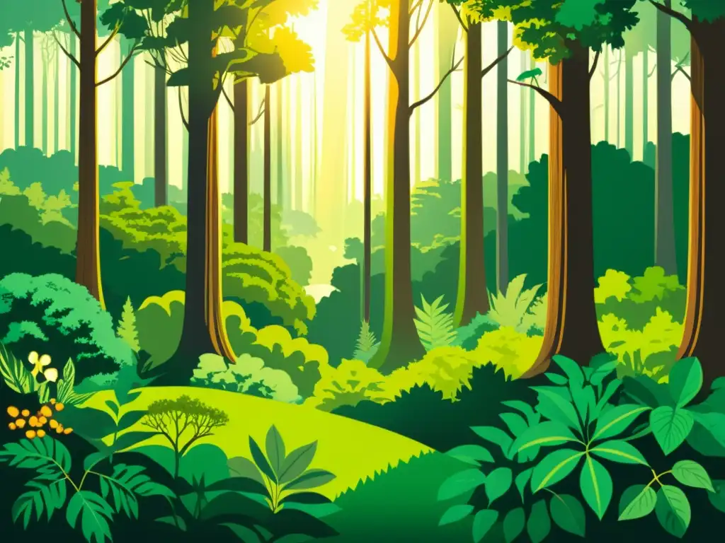 Una ilustración vintage de un exuberante bosque diverso, mostrando la interconexión ecológica