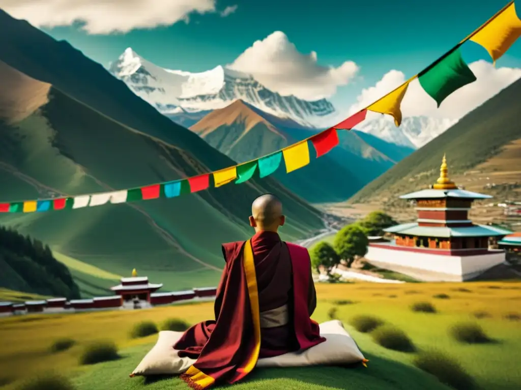 Una ilustración impactante de un apacible paisaje tibetano vintage con monasterio y monjes en oración, evocando la poesía tibetana contemporánea