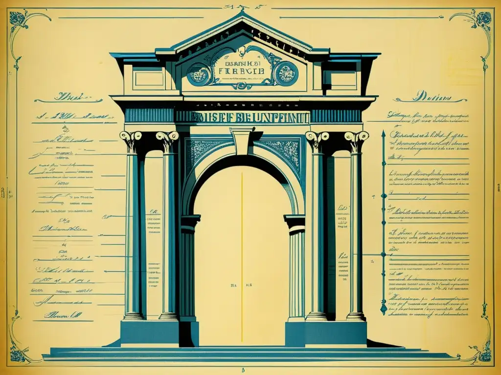 Una ilustración vintage de un plano arquitectónico francés, con detalles ornamentados y elegante caligrafía en francés