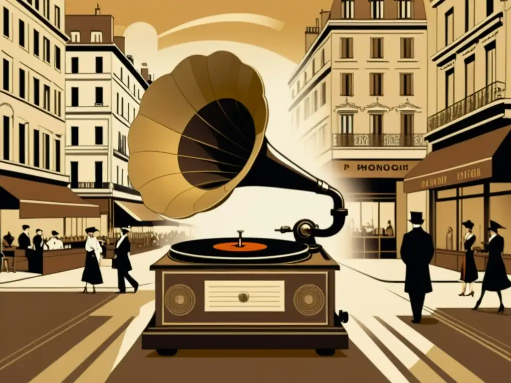 Una ilustración vintage de un fonógrafo con un disco giratorio, en una animada escena parisina del siglo XX