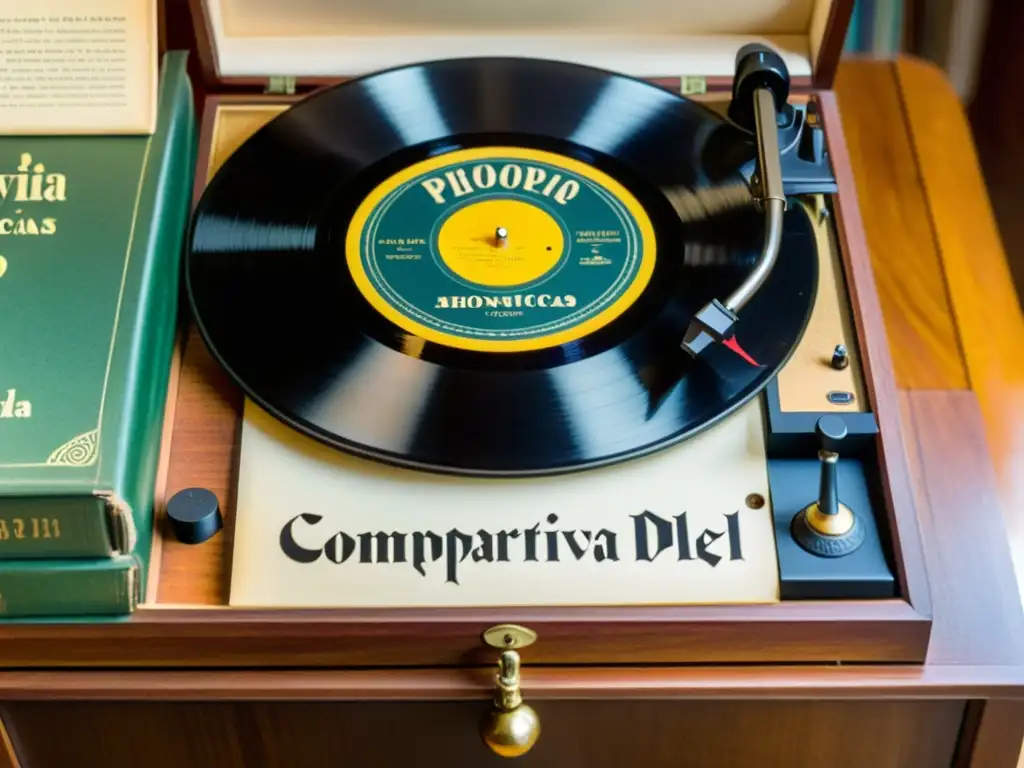 Una ilustración vintage de un fonógrafo reproduciendo un disco de vinilo con la inscripción 'Comparativa del acento prosódico en lenguas germánicas'