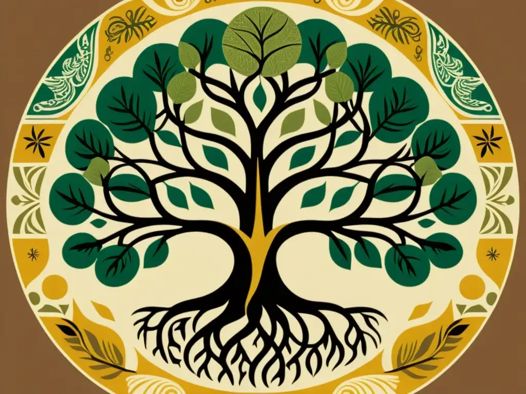 Una ilustración vintage de dos idiomas entrelazados, creando un árbol unificado de calcos estructurales en lenguas