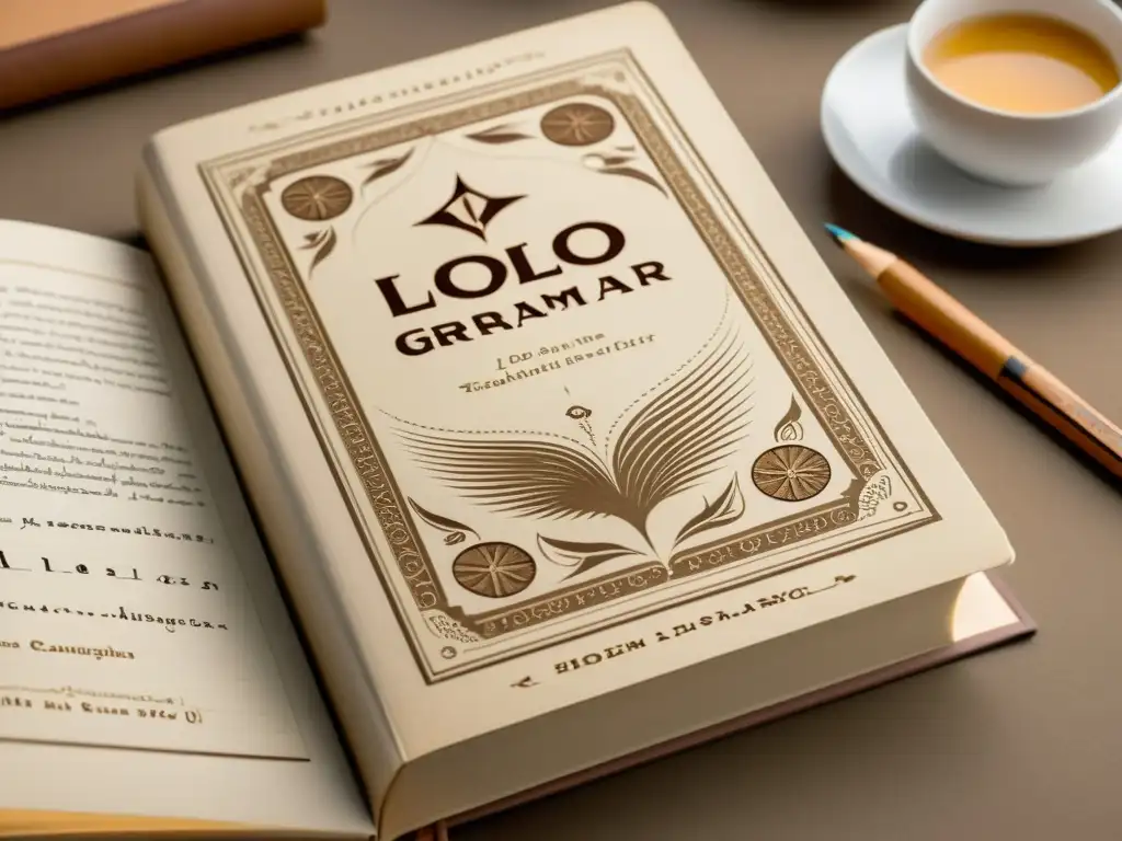 Una ilustración vintage de un libro de gramática del idioma lolo, con tonos sepia desvanecidos y tipografía intrincada en la portada