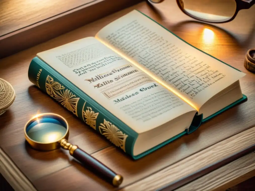 Una ilustración vintage de un libro de gramática maltés en un escritorio de madera, con una lupa encima