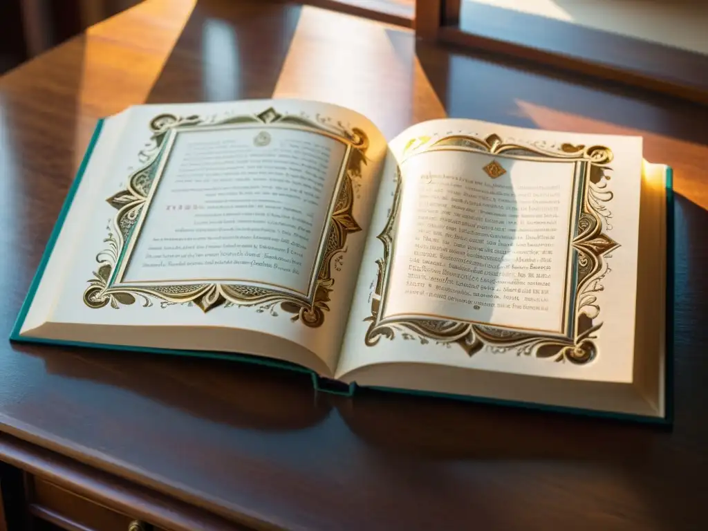 Una ilustración vintage de un libro de gramática del maltés lengua semítica sobre un escritorio de madera, bañado por la luz del sol que crea sombras intrincadas en las páginas