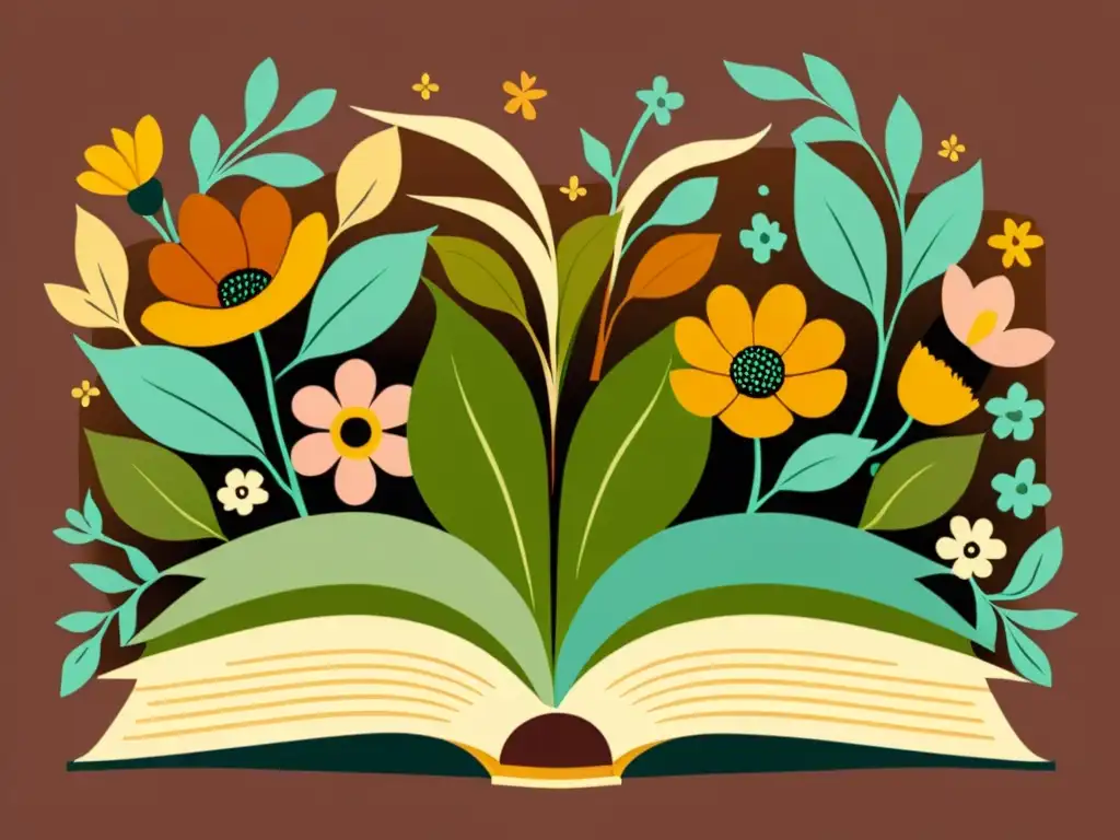 Una ilustración vintage de dos libros abiertos, uno con metáforas coloridas y el otro con símbolos lingüísticos entretejidos con flores, simbolizando la riqueza de la literatura bilingüe