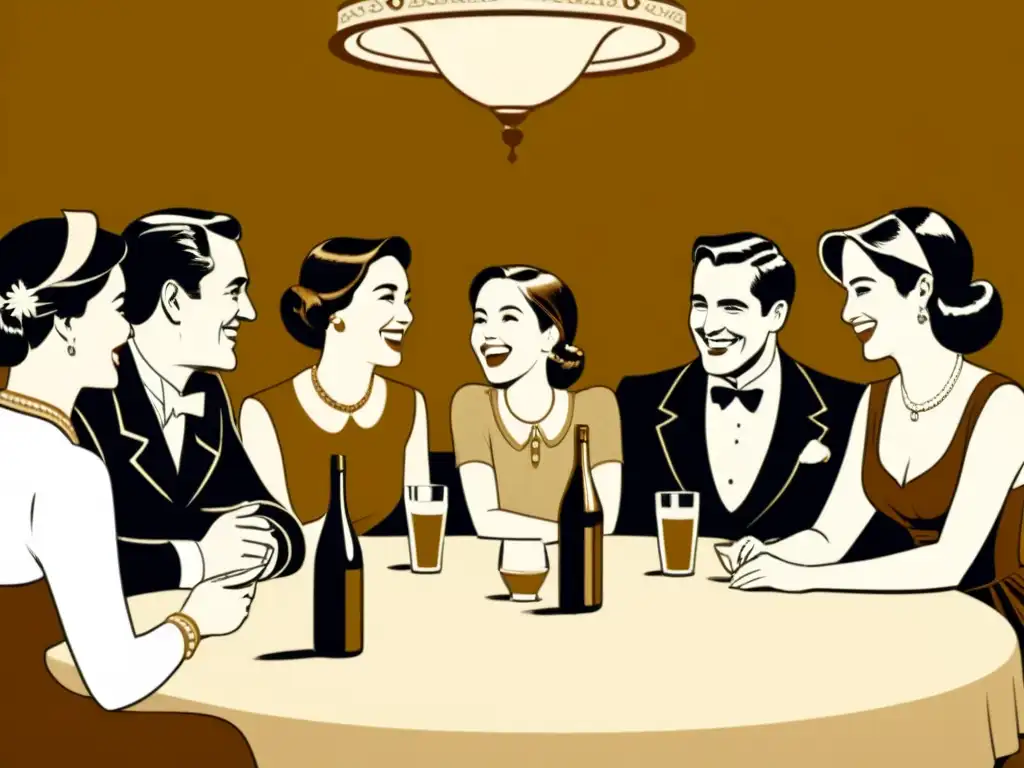 Conversación animada: Vintage ilustración de grupo disfrutando el humor Una ilustración vintage de personas conversando con gestos sarcásticos y sonrisas, captando sarcasmo y humor en NLP