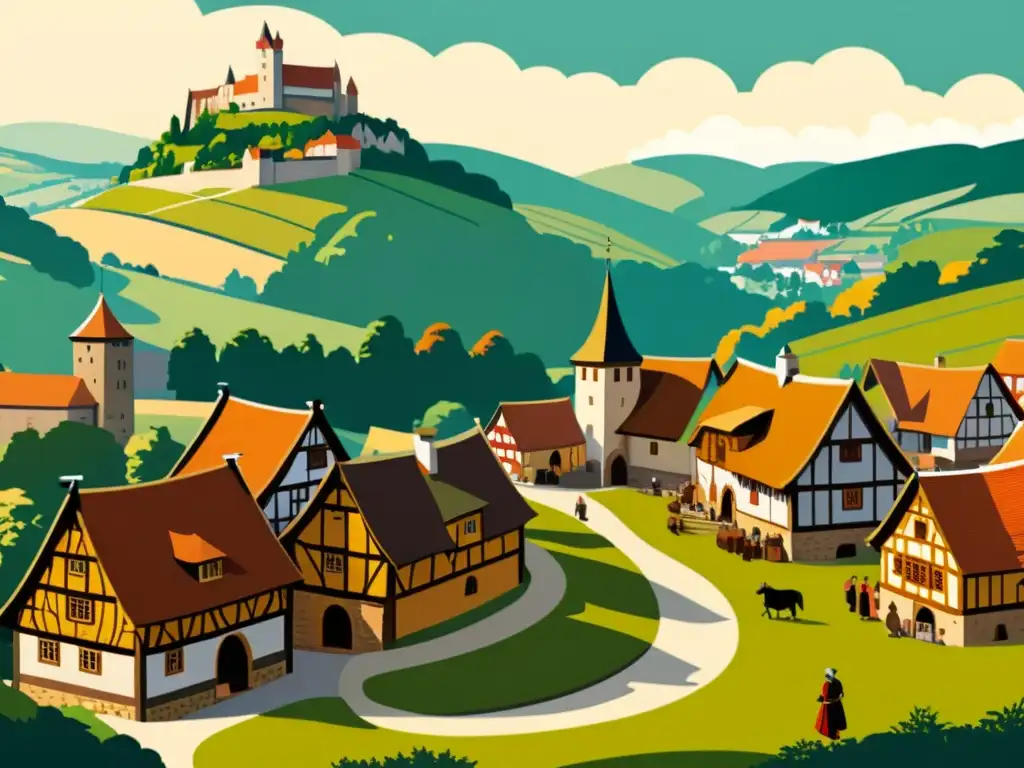 Una ilustración vintage de un pueblo medieval germánico, con casas de entramado de madera y un bullicioso mercado