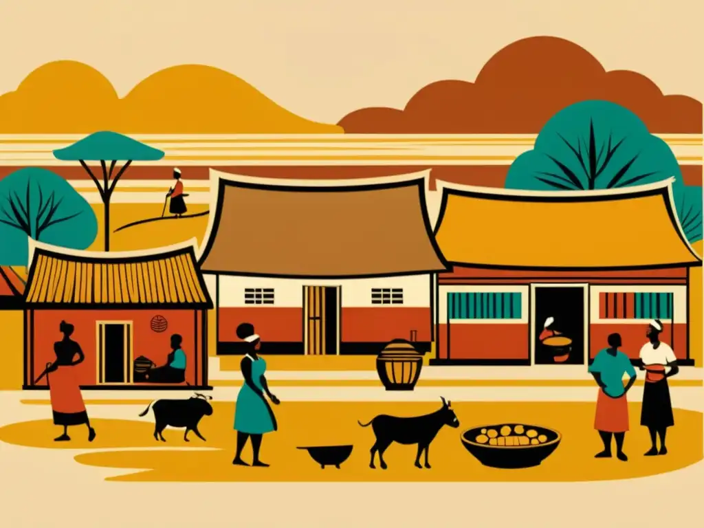 Una ilustración vintage de un pueblo tradicional bantú, mostrando la vida diaria y actividades de la comunidad