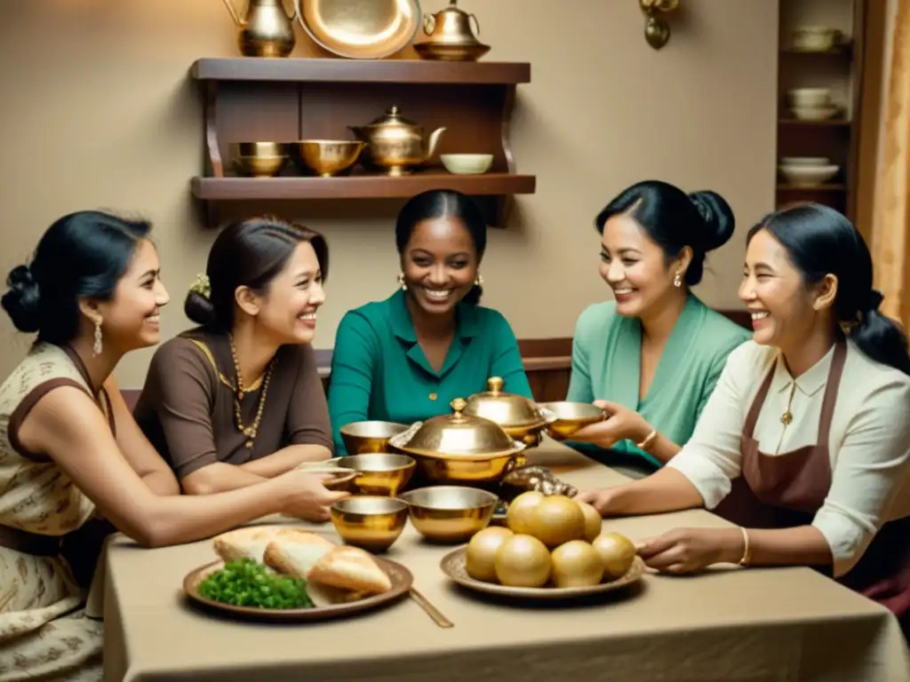 Imagen sepia de un animado grupo disfrutando de una comida tradicional, evocando una conexión cultural y la comunidad de hablantes de herencia