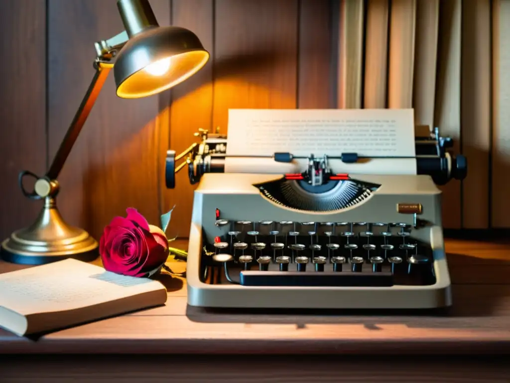 Imagen de una antigua máquina de escribir rodeada de libros de poesía en un escritorio de madera iluminado por una lámpara tenue, evocando la conexión entre literatura y creatividad