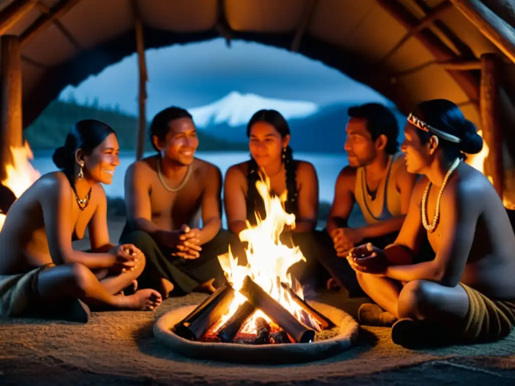 Imagen de la antigua sabiduría de las lenguas Tierra del Fuego, con indígenas reunidos alrededor del fuego, en conversación animada y gestos expresivos