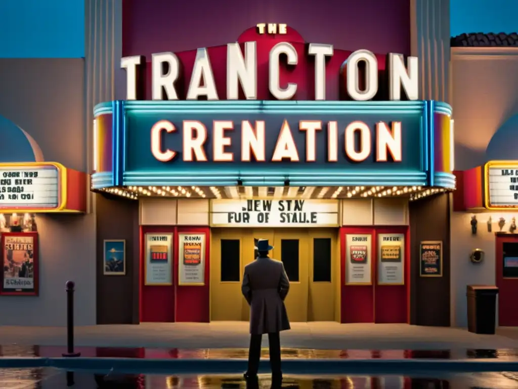 La imagen muestra un antiguo cine con el título 'Transcreación' en luces de neón