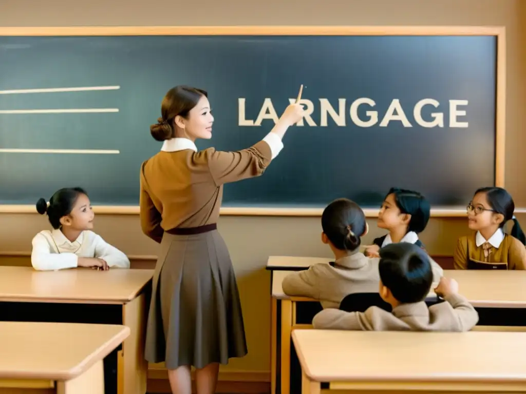 Imagen de aula de idiomas vintage con estudiantes participando en actividades interactivas