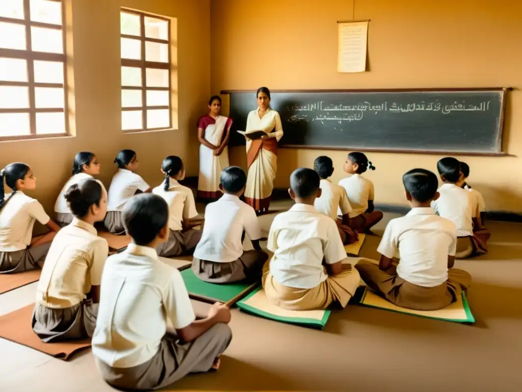 Imagen de aula tradicional en Sri Lanka, con estudiantes aprendiendo gramática cingalesa