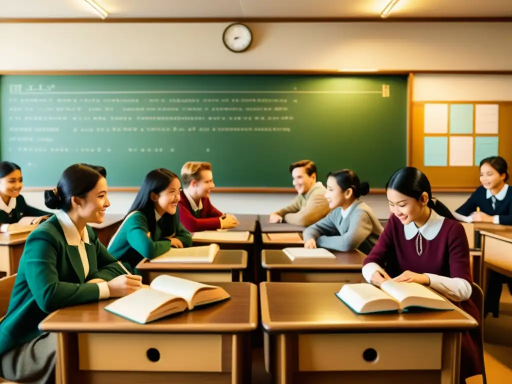 Imagen de aula vintage con estudiantes inmersos en métodos tradicionales de aprendizaje de idiomas, en comparativa con Rosetta Stone