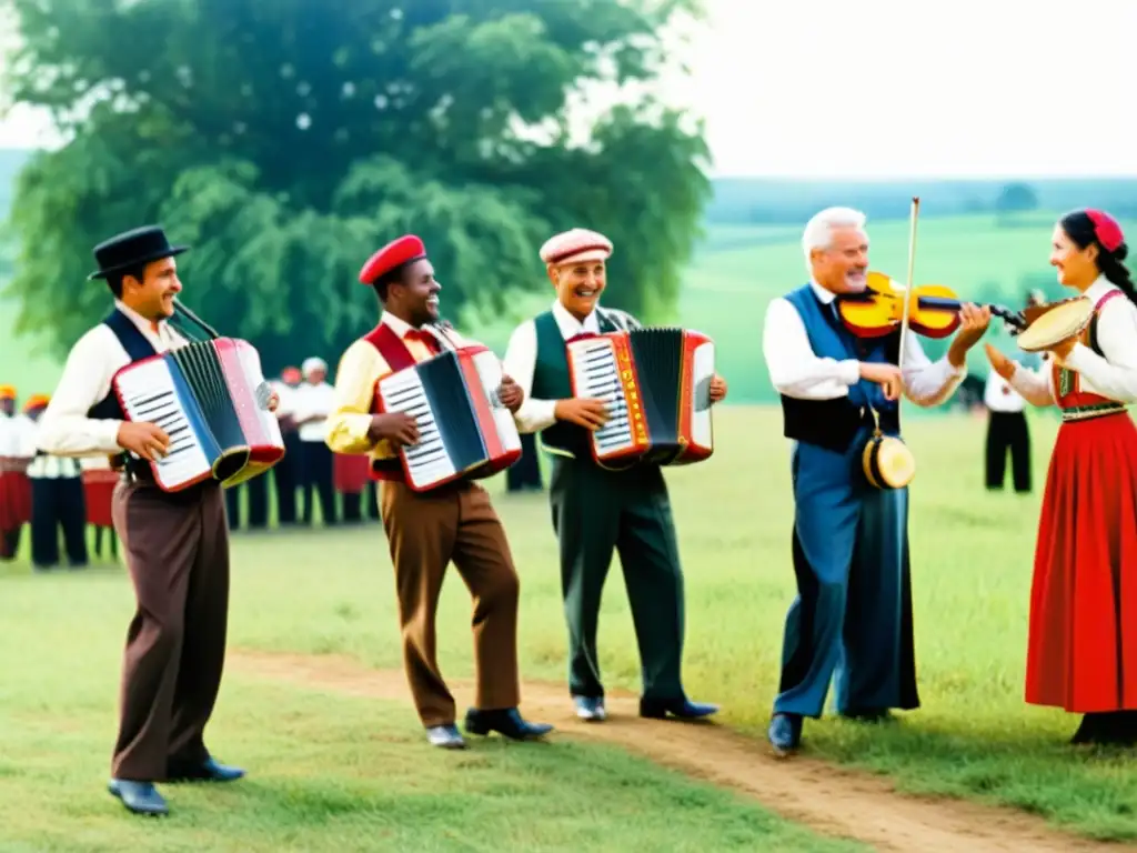 Imagen de banda folclórica tocando al aire libre, creando una conexión entre dialectos y ritmos en la comunidad rural