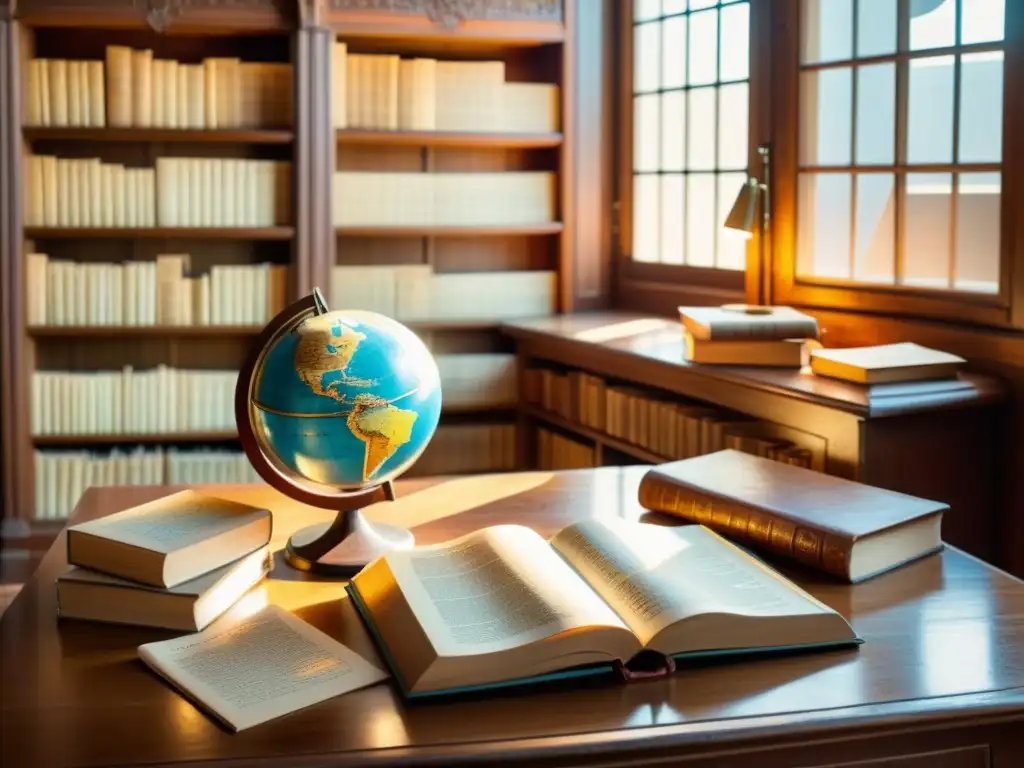 Biblioteca vintage con diccionarios antiguos y globos terráqueos Imagen de una biblioteca vintage con libros antiguos y recursos de traducción, evocando un encanto académico